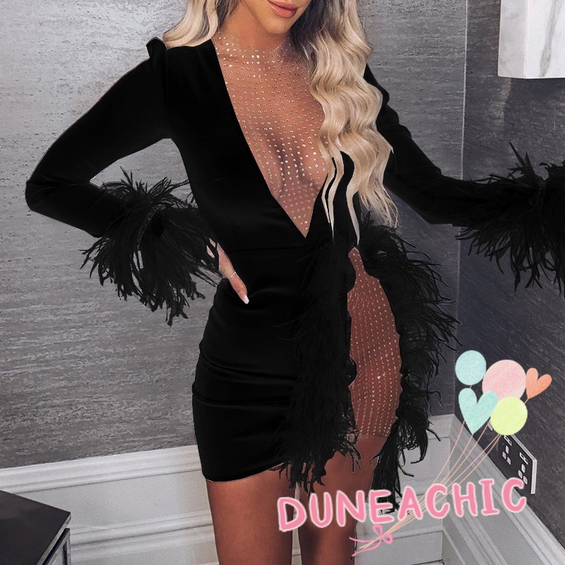 DUNEA Đầm phối lông vũ xinh xắn thời trang gợi cảm cho nữ