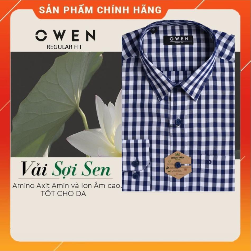 Sale Chính Hãng OWEN - Áo sơ mi dài tay Owen REGULAR chất sợi sen kẻ ca rô xanh trắng AR 91487 hot 🌺 neww * ! %