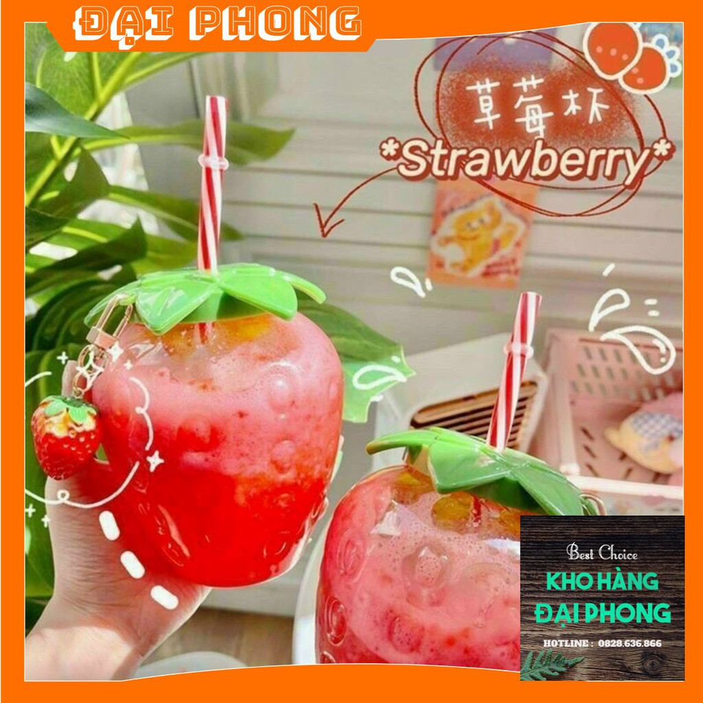 BÌNH ĐỰNG NƯỚC TRÁI DÂU 500ML, BÌNH STRAWBERRY TẶNG KÈM MÓC KHOÁ DÂU XINH XẮN,BÌNH NƯỚC KÈM ỐNG HÚT KUTE