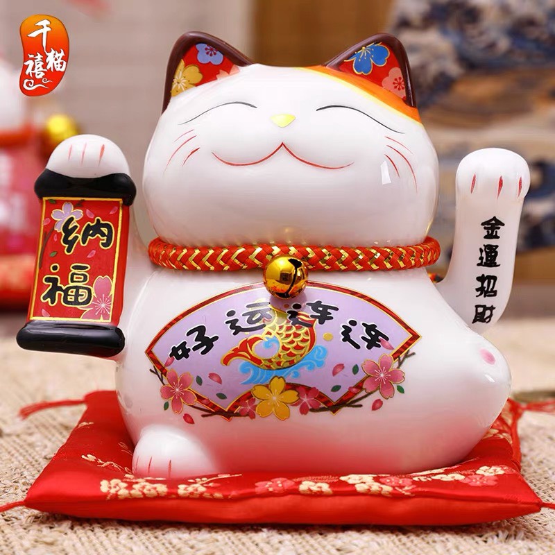 Mèo Thần Tài Sứ , Mèo May Mắn Maneki Neko vẫy tay cao 14cm Vẩy Tay Gọi Khách BÁT PHƯƠNG KHAI TÀI