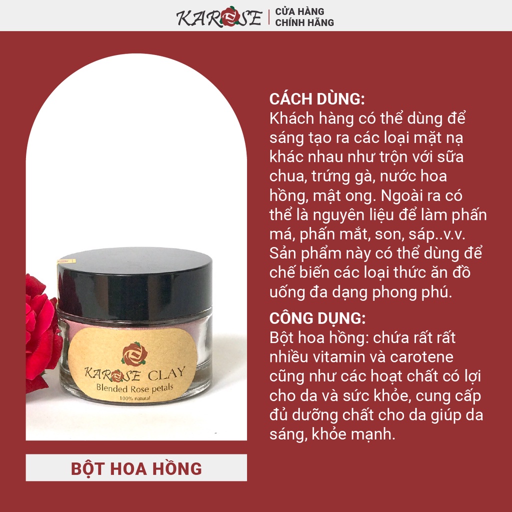 (DATE MỚI NHẤT, 15gr) Bột hoa hồng thiên nhiên làm sáng, mịn da, chống lão hóa Karose Clay