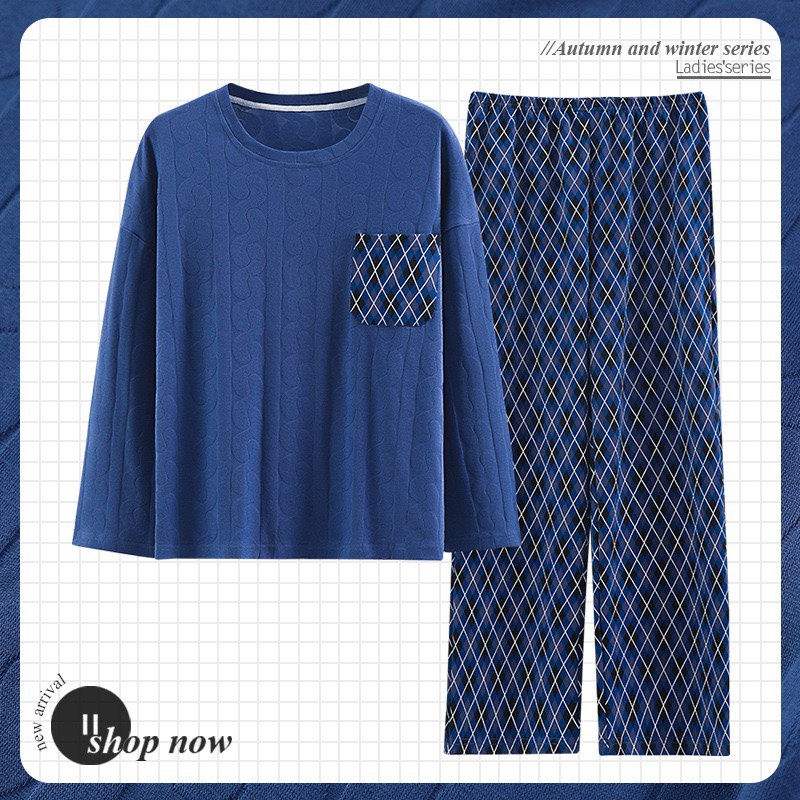 Bộ Mặc Nhà Cổ Tròn Dài Tay Chất Liệu Cotton Mềm Mịn Thấm Hút Hàng Qc