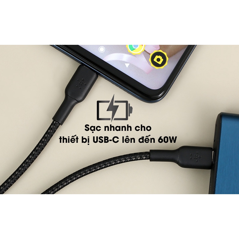 ✅  Dây Cáp sạc Nylon Type C to C 1m Belkin sạc nhanh 60W CAB004 thương hiệu Mỹ hàng tray không box