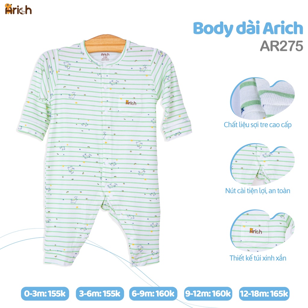 Bộ body dài chất liệu vải sợi tre cao cấp nhà Arich cho bé trai, bé gái sơ sinh đến 18 tháng tuổi