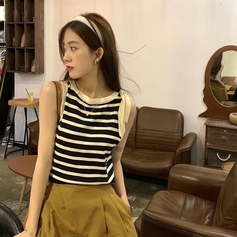 Áo Dệt Kim Sát Nách Kẻ Sọc Đính Nơ Thời Trang Mùa Hè Cho Nữ