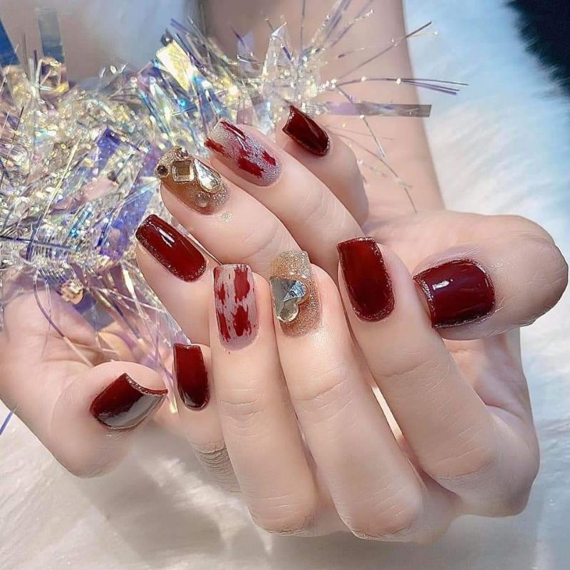 Nails box - móng giả đính đá màu đỏ sang đẹp kèm keo + dũa + dây buộc tóc