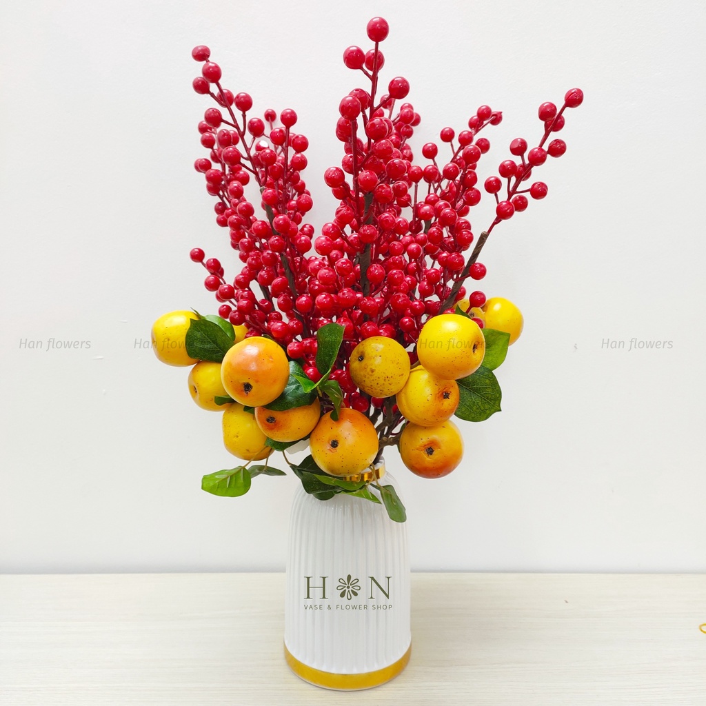 Cành táo vàng 4 quả - cành táo giả - trang trí nhà cửa Han Flowers