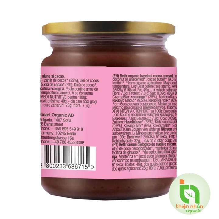 Bơ cacao hạt phỉ/ hạt điều/ hạnh nhân/ đậu phộng hữu cơ Bett'r 250gr
