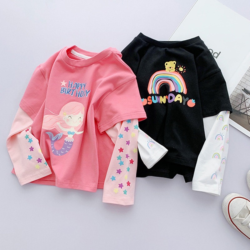 Áo thun tay dài cổ tròn in họa tiết hoạt hình dễ thương giả hai lớp dành cho trẻ em