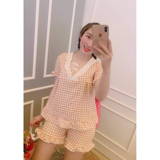 Bộ Ngủ Tiểu Thư Lụa Caro Phối Ren