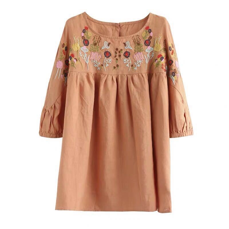 Áo Thun cotton Ngắn Tay Cổ Tròn Thêu Họa Tiết retro Xinh Xắn Cho Nữ