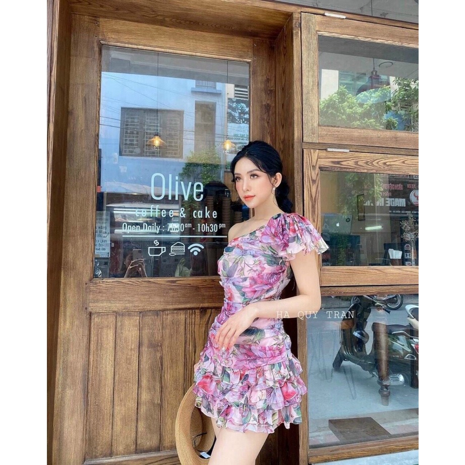 ĐẦM BODY LỆCH VAI HỌA TIẾT HOA LÁ THỜI TRANG NỮ - Đầm Nữ Dự Tiệc Voan Hoa Thời Thượng Phong Cách Thời Trang HL632