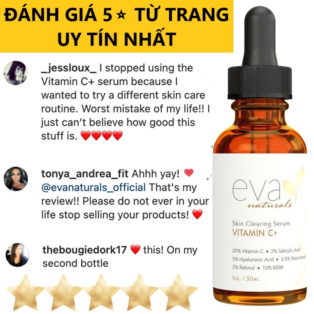 Serum Trắng Da, Mờ Thâm, Chống Lão Hóa, Giảm Mụn Eva Naturals Vitamin C Plus 30ml