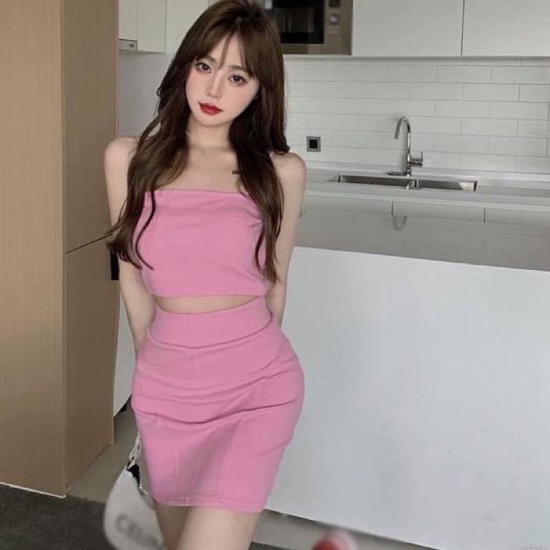 Set rời áo hai dây Croptop kiểu ngắn và chân váy ngắn ôm sát body trơn - Order taobao quảng châu