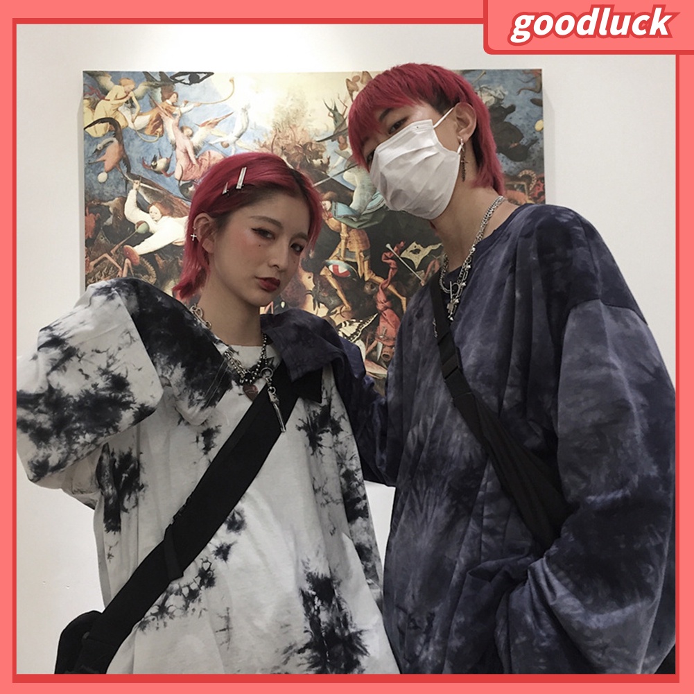 Áo thun thiết kế rộng cổ tròn tay dài kiểu màu nhuộm thời trang