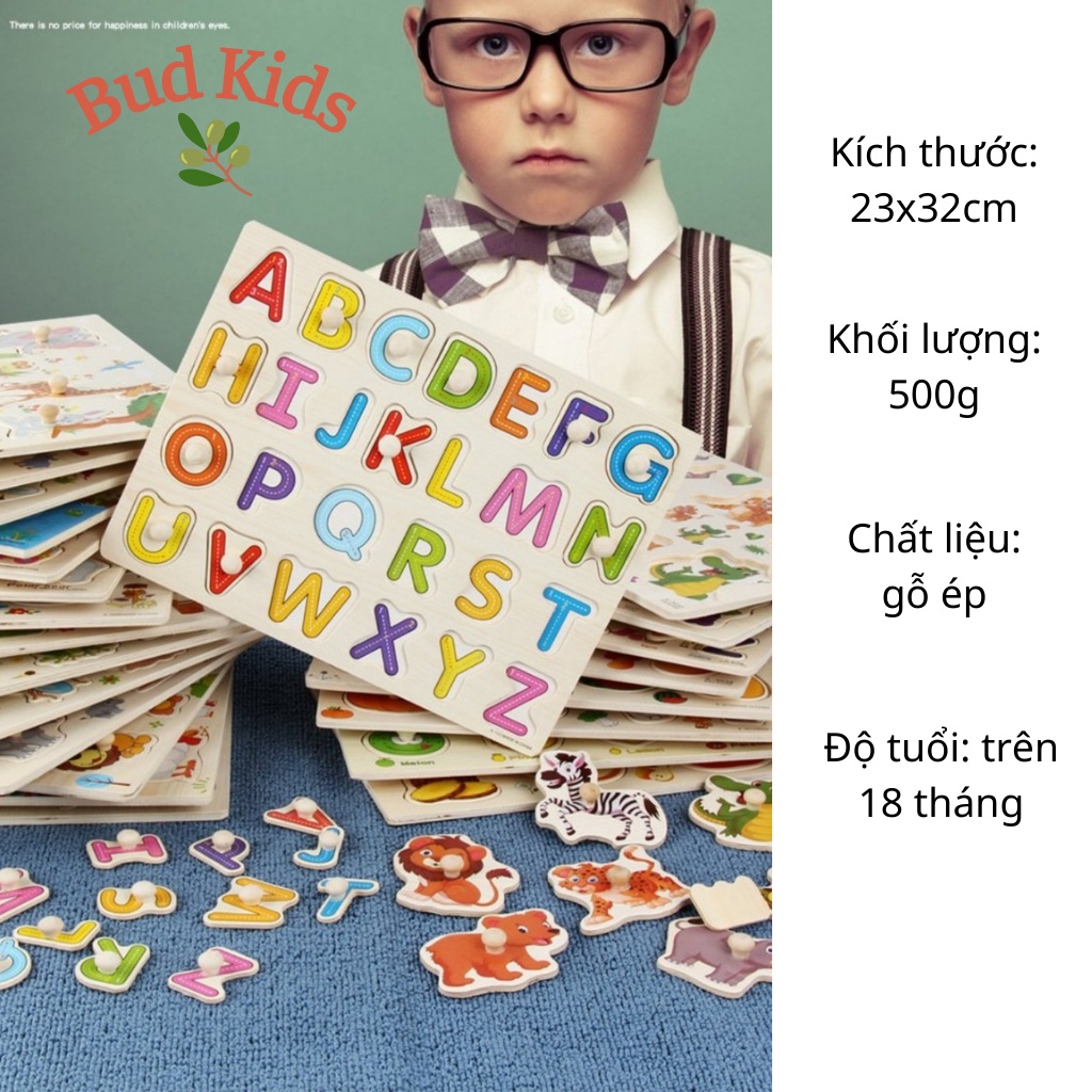 Bảng chữ cái thông minh tiếng việt cho bé 3 tuổi bằng gỗ nổi có núm, bảng ghép hình núm gỗ Bud Kids 30cmx23cm NH2