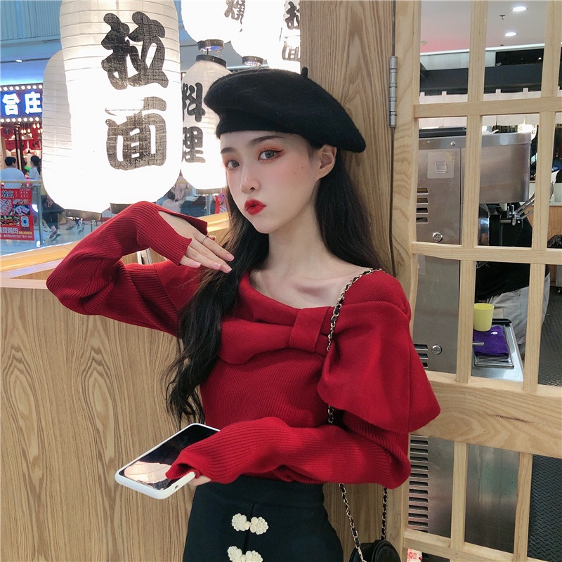 Áo len nơ cổ trễ vai sexy dáng ôm thời trang hàn quốc