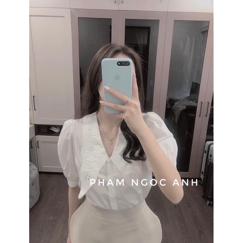 Sơ mi trắng cổ vạt thêu  vnxk