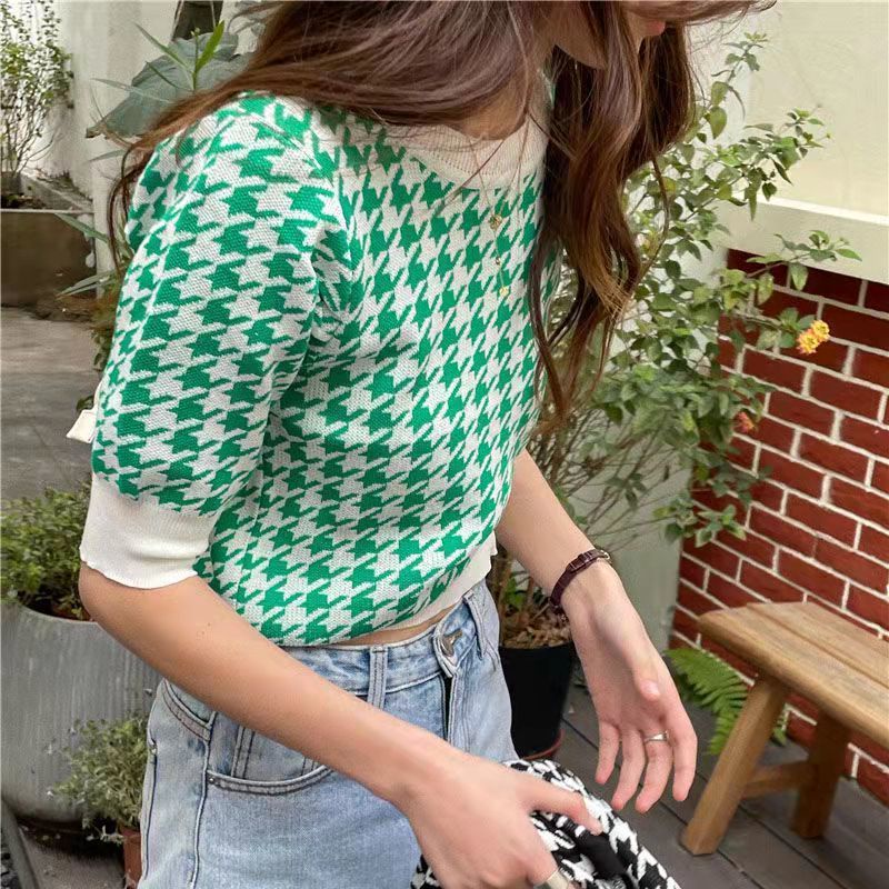 Áo RENJIANVSHENG 175248 tay ngắn họa tiết houndstooth thời trang mùa hè cá tính