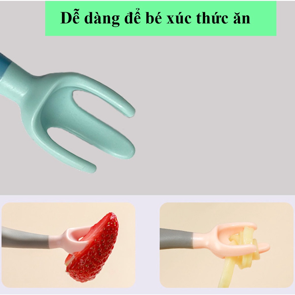 Thìa nĩa cho bé tập ăn xoay 360 độ - Bộ thìa dĩa tay cầm uốn cong cho bé tập xúc ăn dặm