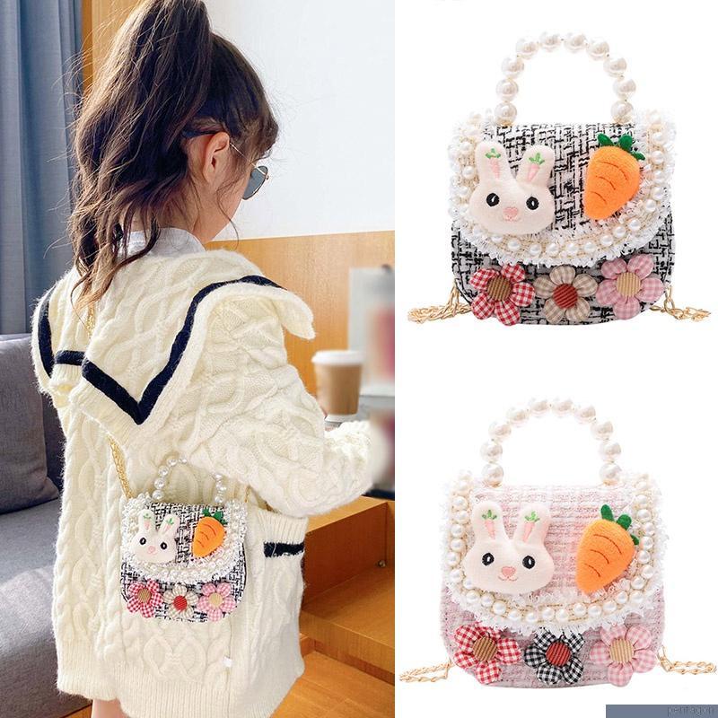 Túi xách đeo chéo vai dây xích đính hạt ngọc in hoạt hình đáng yêu cho bé gái