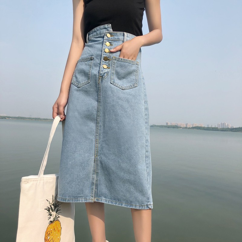 chân váy jean dài chữ A nút