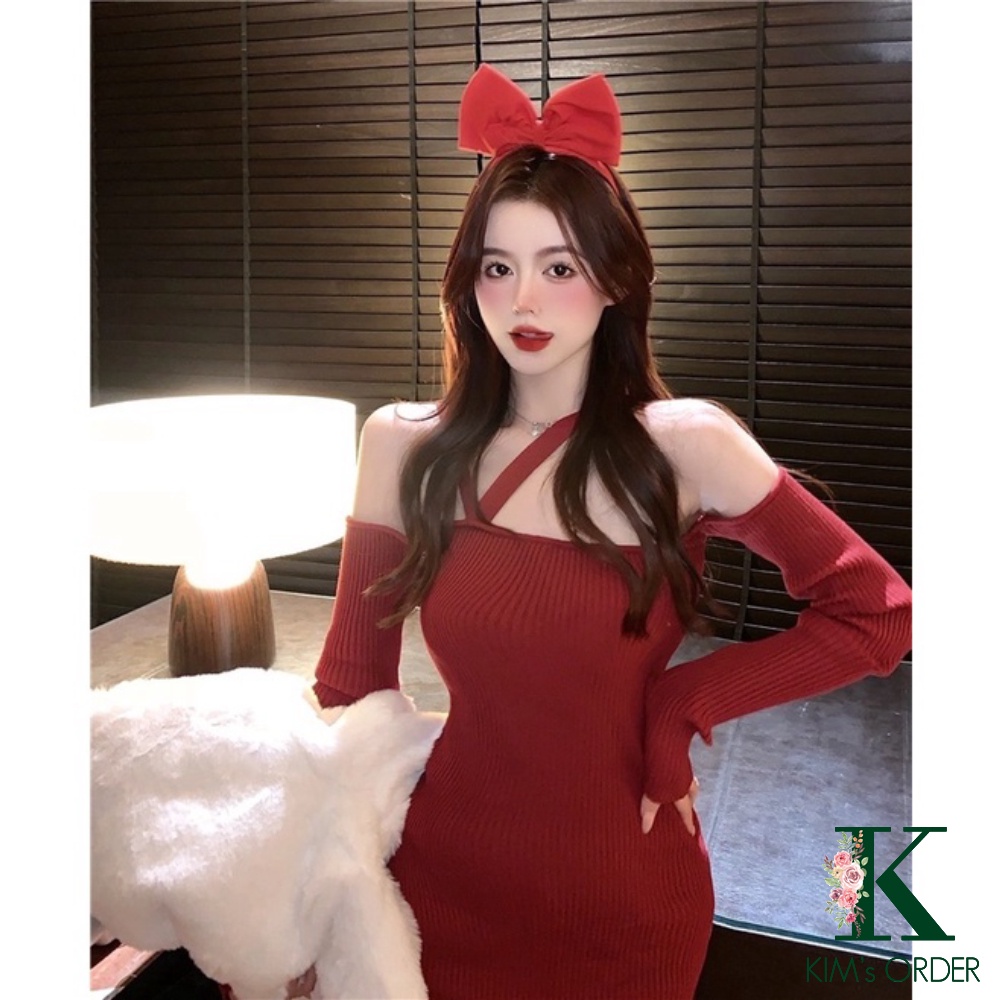 Đầm len body màu đỏ đen dây chéo trễ vai dài tay ôm sát sexy sang chảnh sành điệu mặc Noel Tết chất đẹp loại 1 co dãn