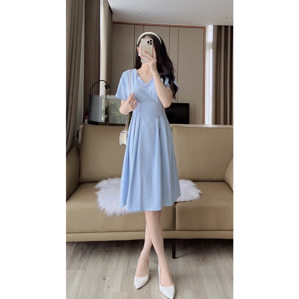 Váy Đầm Midi Cổ Xẻ Chiết Eo  du lịch váy đi biển đi tiệc Thiết Kế Thanh Lịch Nữ Tính 98.STUDIO V2