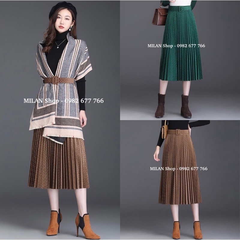 Chân váy nhung xếp ly dập ô kèm đai sang sịn