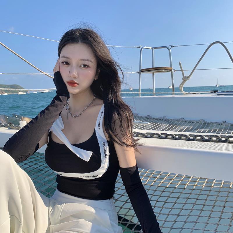 Áo Hai Dây Dáng Ôm Phối Ren In Chữ Thời Trang Mùa Hè Quyến Rũ Cho Nữ