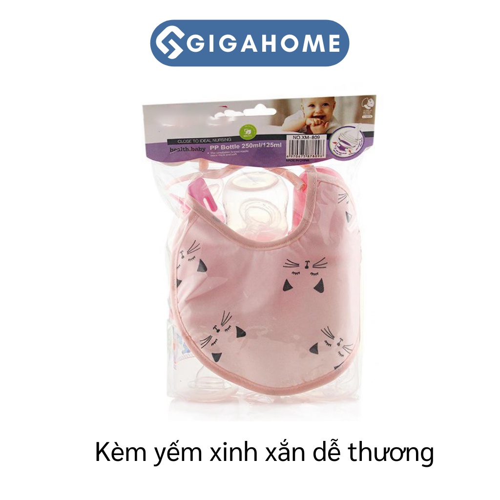 Bộ Bình Sữa Rộng Có Quai Cầm, Kèm Yếm, Tăm Bông, Cọ Rửa An Toàn GIGAHOME 8988