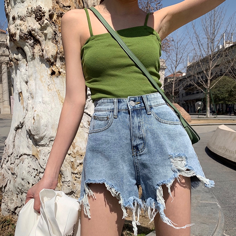 Xiaozhainv Quần short denim màu trơn phối rách thời trang cho nữ | BigBuy360 - bigbuy360.vn