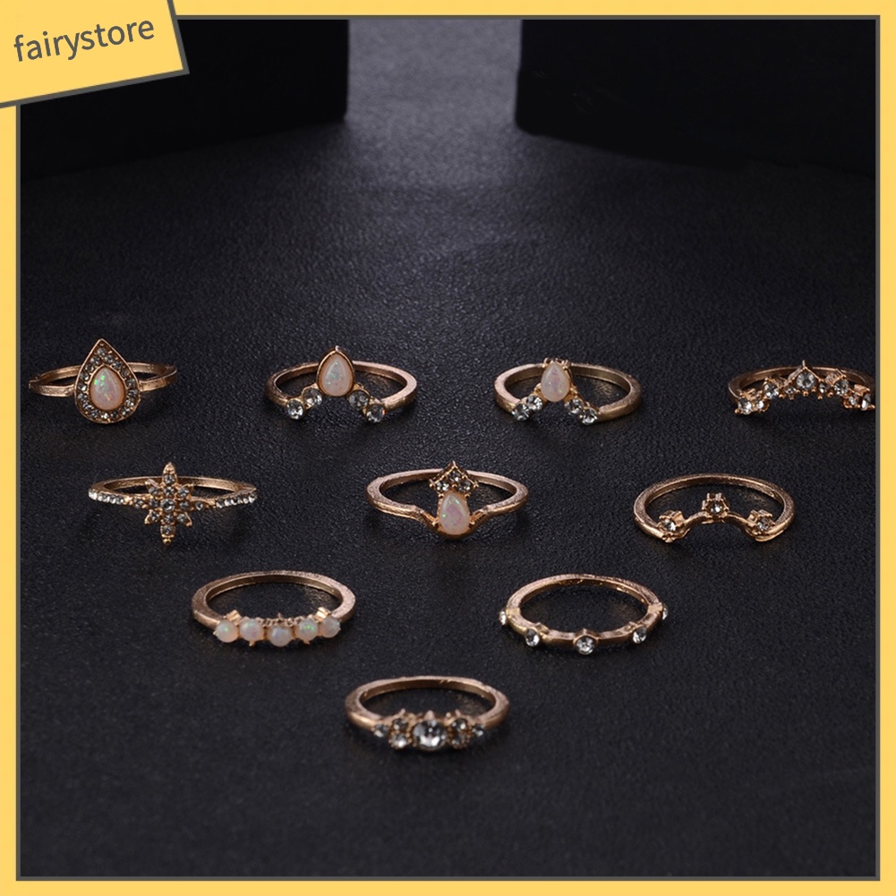 Set 10 Nhẫn Đeo Đốt Ngón Tay Đính Đá Opal Nhân Tạo Thời Trang