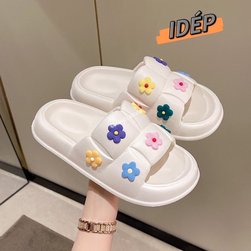 Dép bánh mì Chao vuông gắn sticker HOA NHÍ nữ quai ngang EVA siêu nhẹ đi trong nhà iDÉP DL257