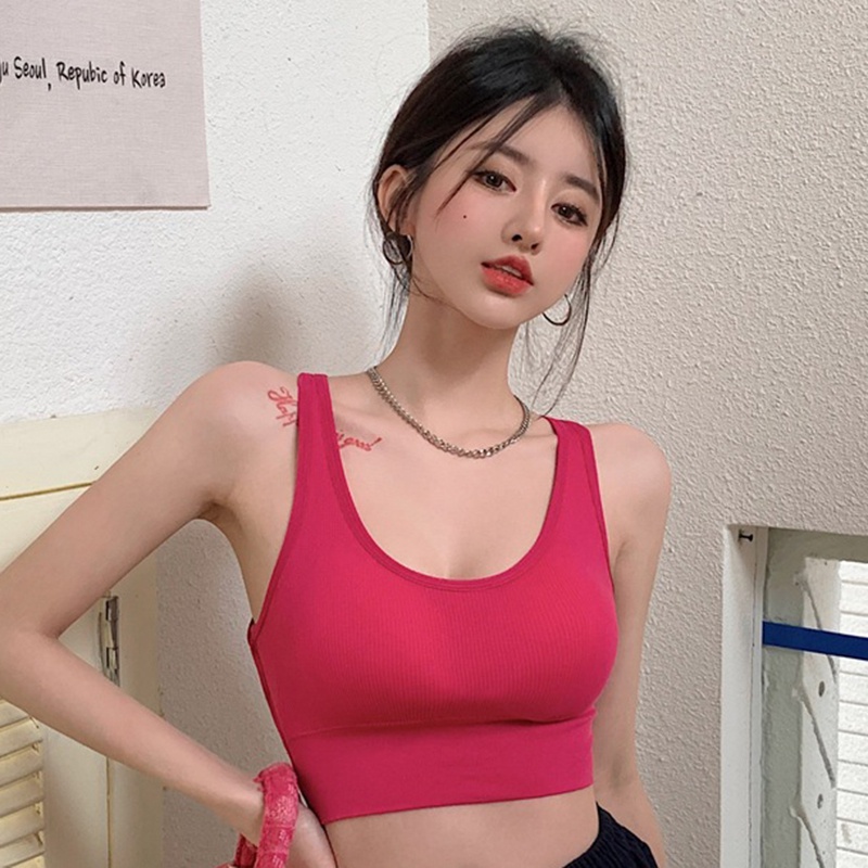 Áo Croptop Dệt Kim Hai Dây Màu Trơn Có Đệm Ngực Thời Trang Mùa Hè Hàn Quốc