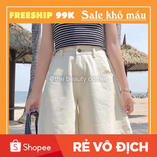 Quần Short Kaki Lửng Ulzzang Quần đùi denim ngố Ống rộng cạp cao trắng đen kem Dáng Hàn Quốc (có bigsize)