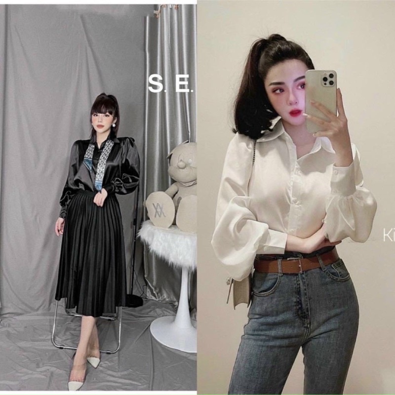 Áo sơ Mi Lụa Phom Suông Dài Tay CHIPY Cổ Đức Công Sở Chất Lụa Ngọc Trai Mềm Mịn Không Nhăn Nhàu Mặc Đi Làm Màu Trắng