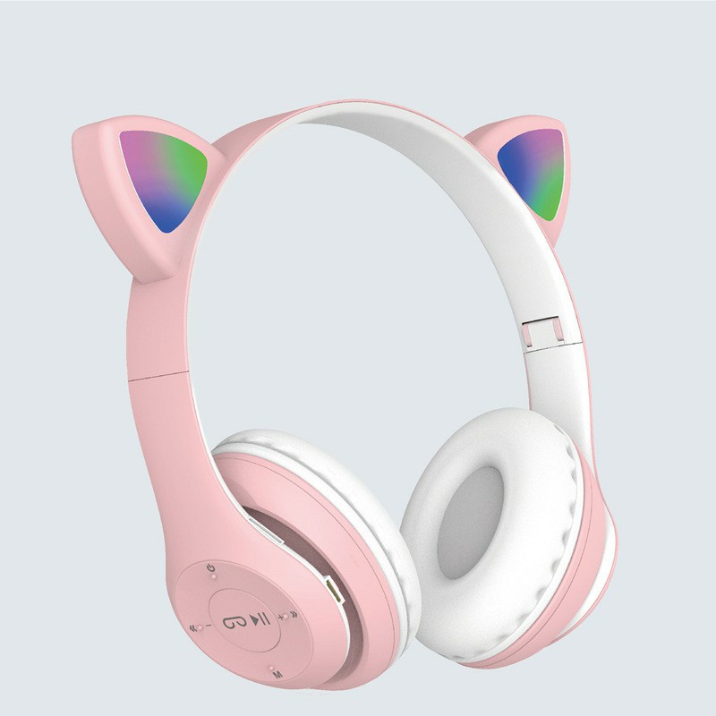 Tai nghe chụp tai bluetooth có mic headphone không dây cute dễ thương tai mèo nghe nhạc Led 7 màu, học online P47