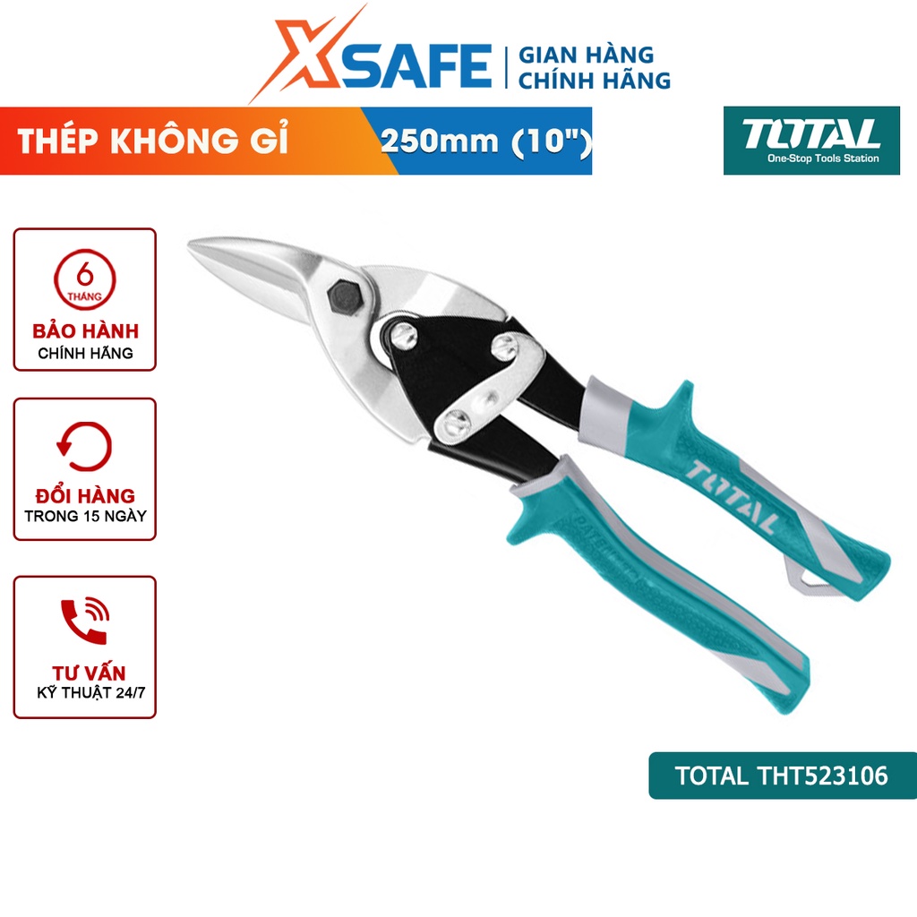 Kéo cắt tôn mũi cong phải TOTAL THT523106 Kéo cắt tole chiều dài 250mm(10''), thép carbon không gỉ, tay bọc cao su êm ái