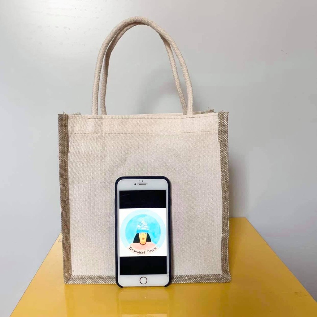 Túi cói bố hai mặt vải trơn trắng 25x25x12cm🍚