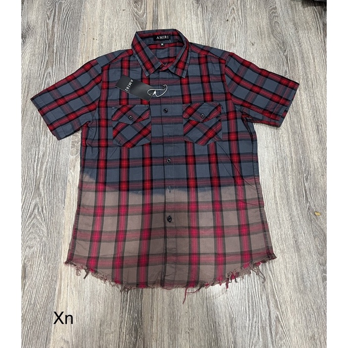 Áo sơ mi nam ngắn tay kẻ đỏ xanh ⚜️ Áo sơ mi nam ngắn tay màu loang rách vạt  2022 ✅