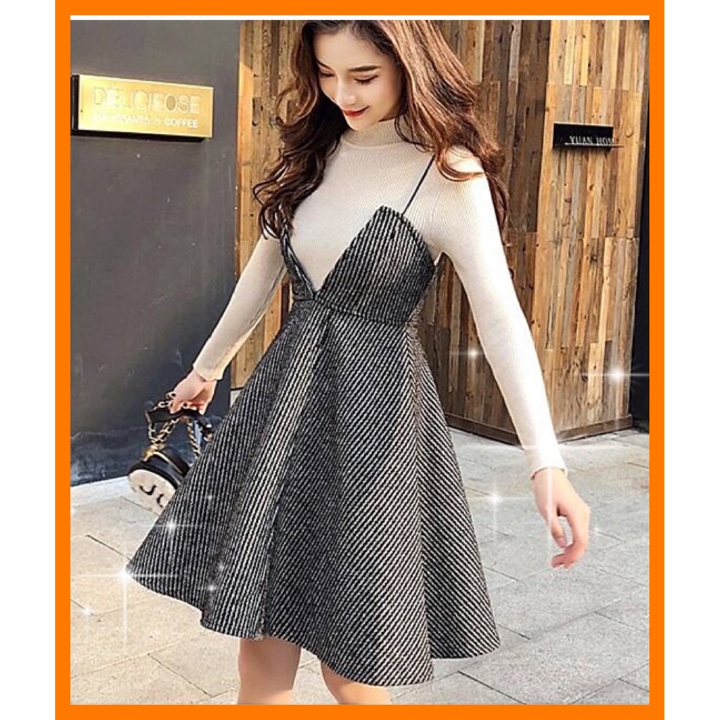 [Sẵn Hàng]♥️Set Áo Len Tăm+Váy Dạ Xẻ Ngực Ulzzang(ảnh thật)Size S-&gt;XL