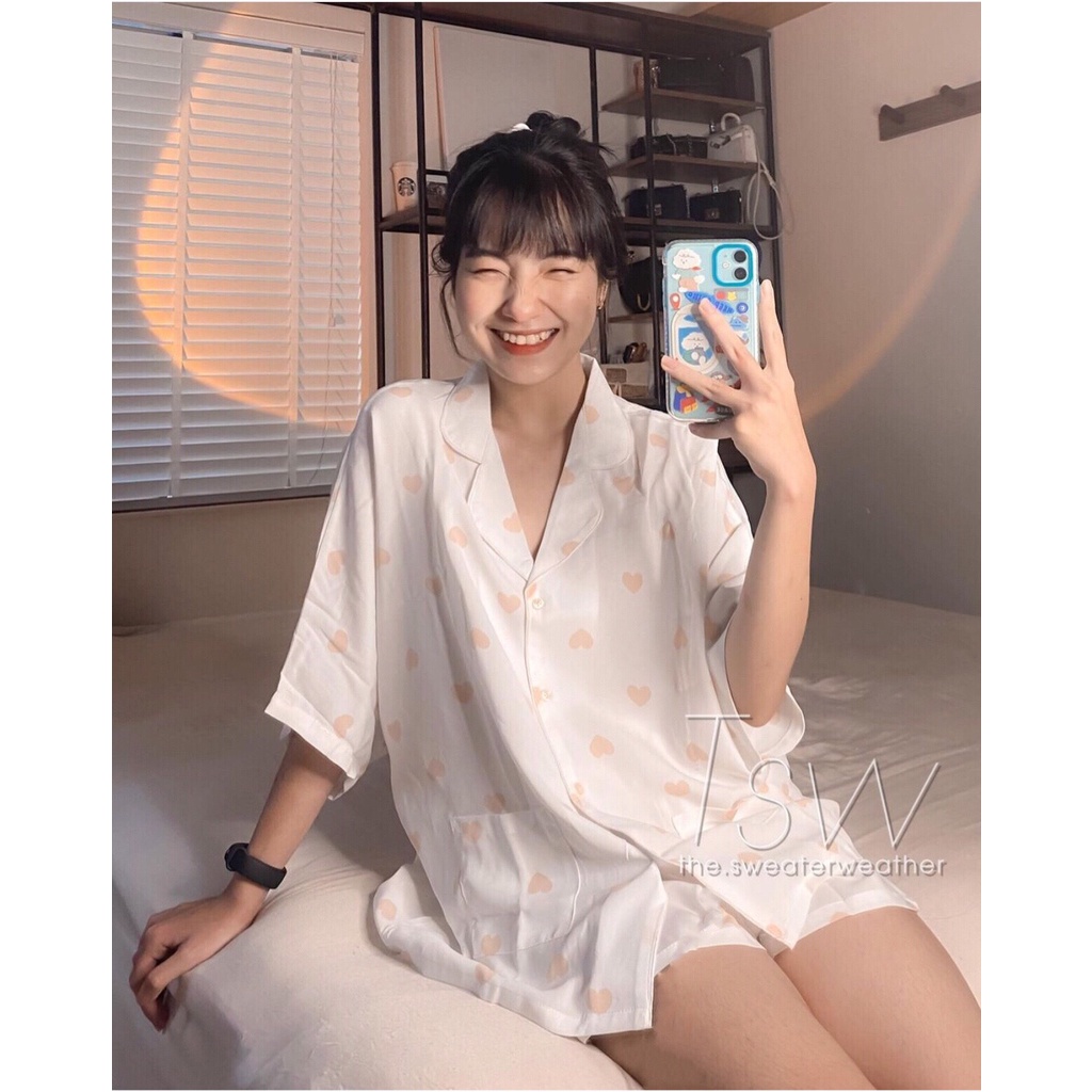 Bộ Pijama Ngủ Nữ Cộc Tay In Hình 5D Bò Sữa Tay Lỡ Hình Trái Tim - Set Quần Áo Ngủ 3 Hình Mẫu