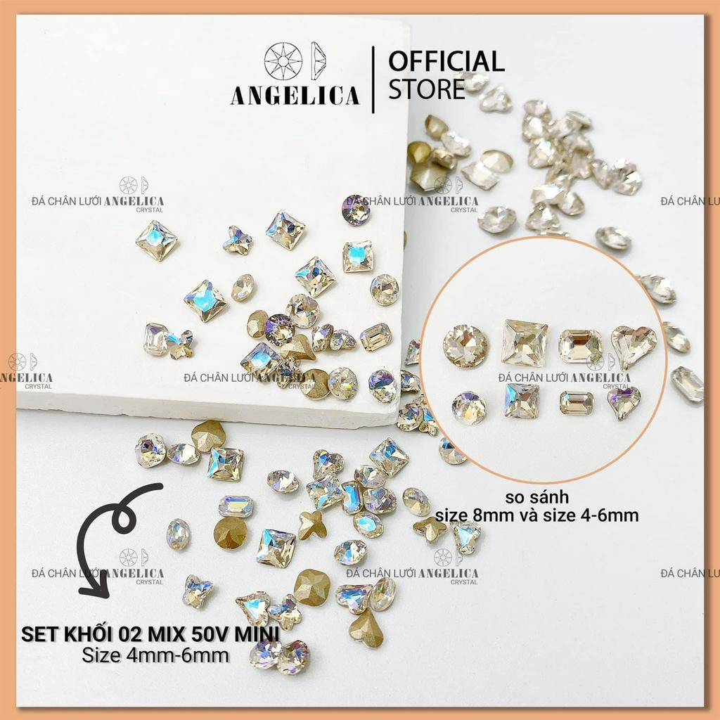 Set đá khối chân nhọn 50 viên mini mix size màu trắng, trà, 7 màu, ab ánh xanh, phụ kiện ngành nail
