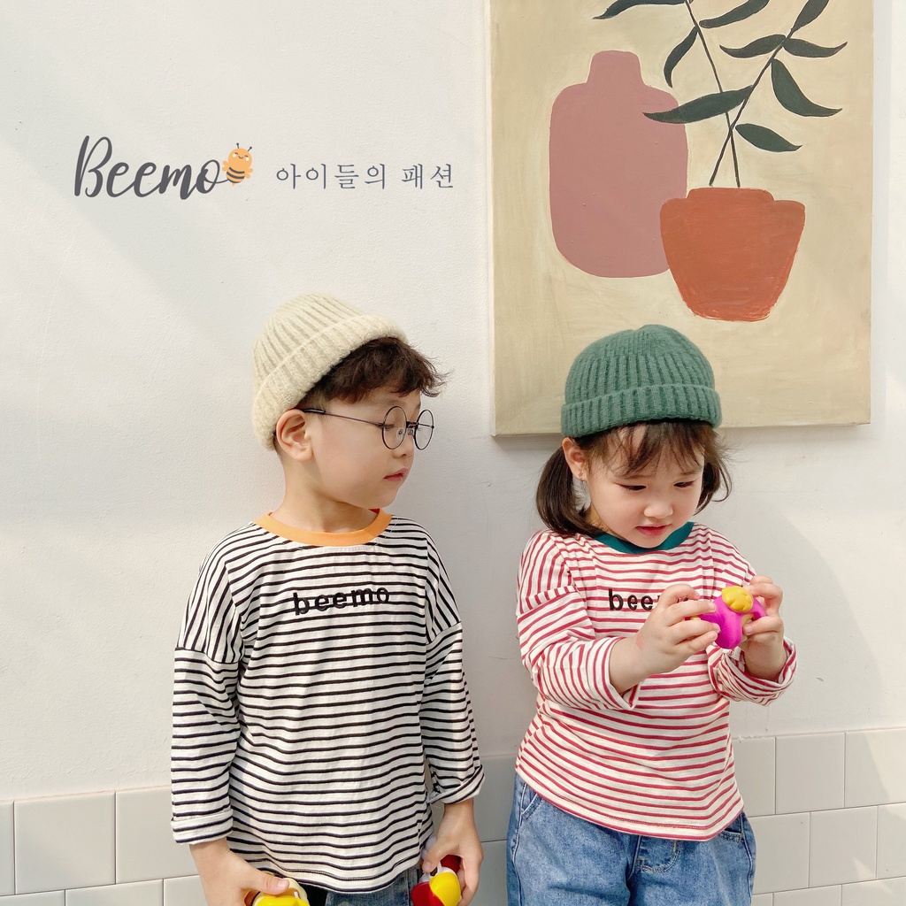Áo cotton bé trai kẻ sọc 3 màu in chữ trước ngực Beemo 21A018