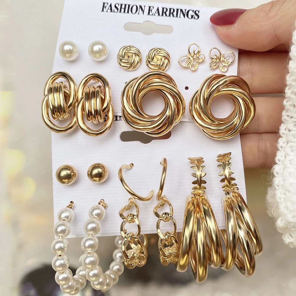 Bộ 12 khuyên tai xỏ nhiều hình dáng khác nhau phong cách vintage thanh lịch cho nữ