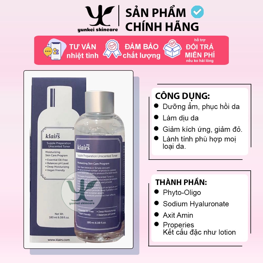 Kem dưỡng Klairs Midnight Nước hoa hồng Klairs Supple Preparation Unscented Toner 180ml