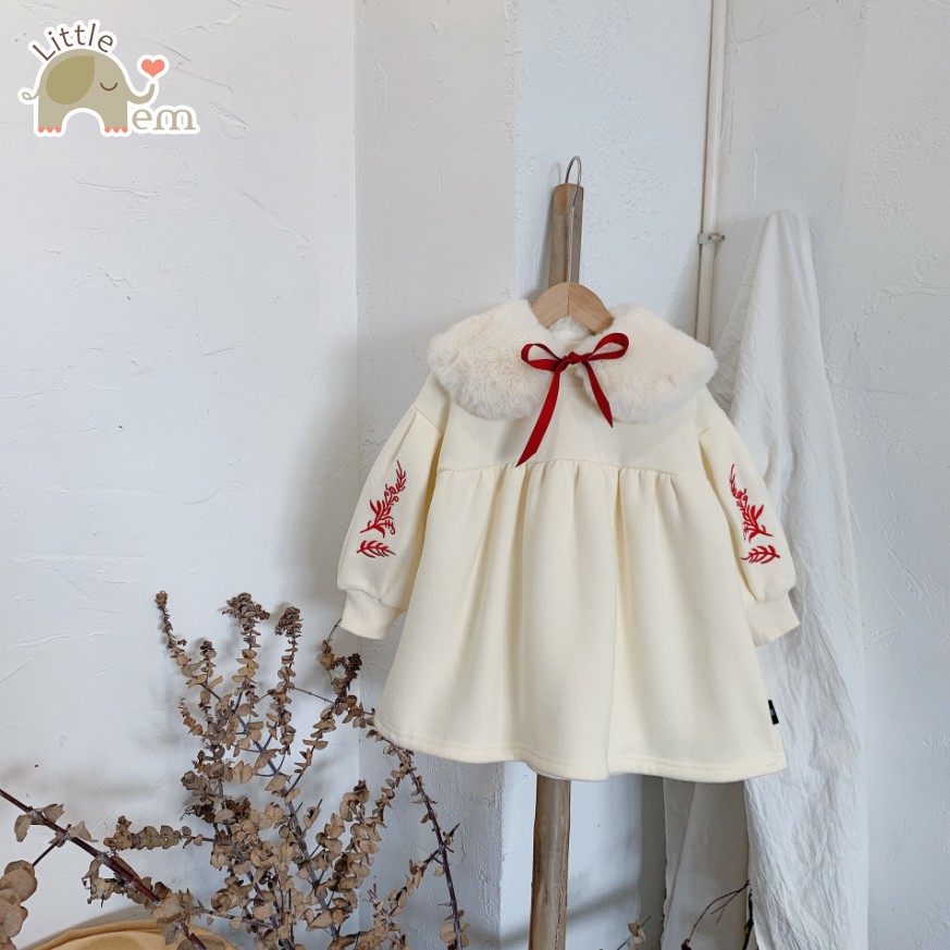 Váy nhung cổ nơ chần bông cho bé gái kiểu dáng Hàn Quốc
