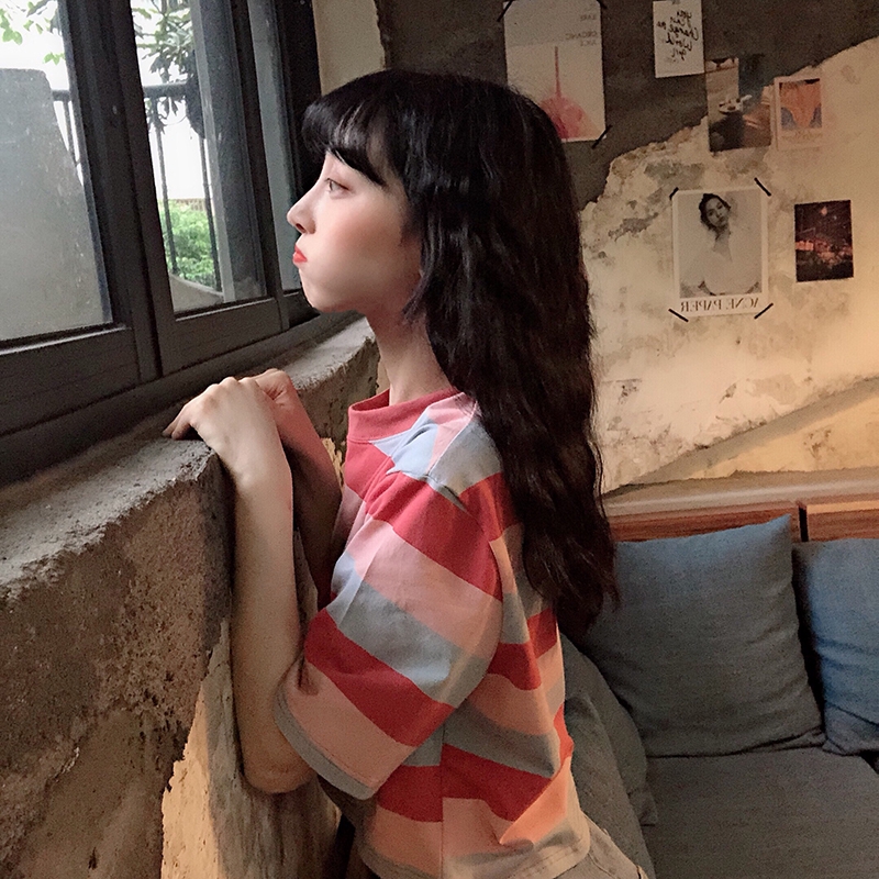 Women Korean Striped Short Sleeve Crop Tops | BigBuy360 - bigbuy360.vn
