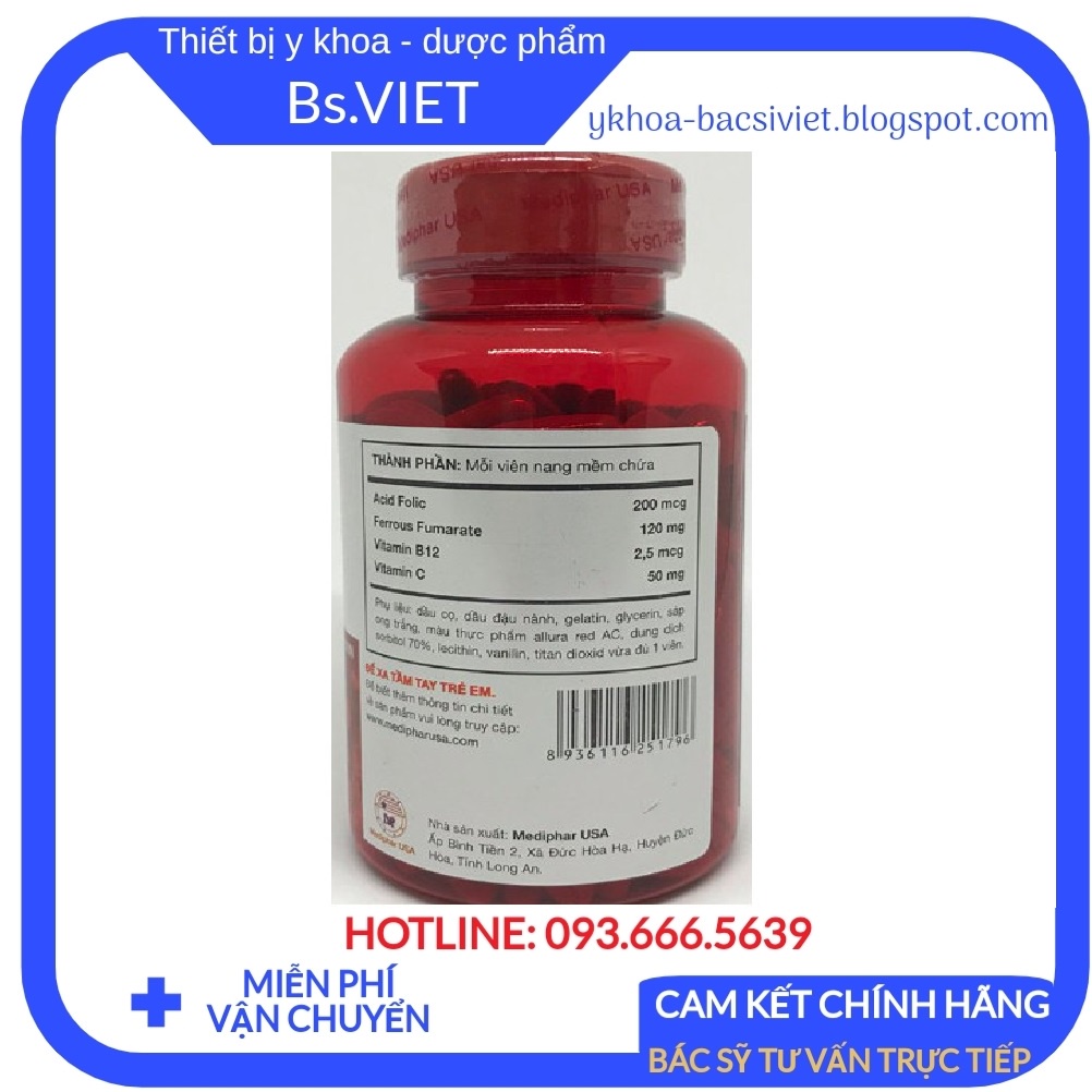 Feron B9 Mediphar Usa Lọ 200 viên nang mềm chính hãng- Thực phẩm bổ sung sắt và vitamin tạo máu cho phụ nữ mang thai